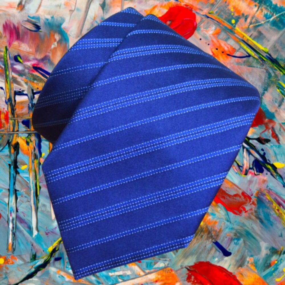 $440 BRIONI Navy Blue Aqua variegate Regimental stripes Handmade Italy Silk Tie